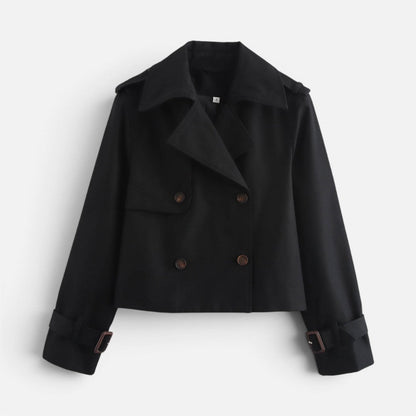 Elegant Cropped Trench Jacket for Women with Notch Lapel Long Sleeve Double Breasted Belted Cuff Style