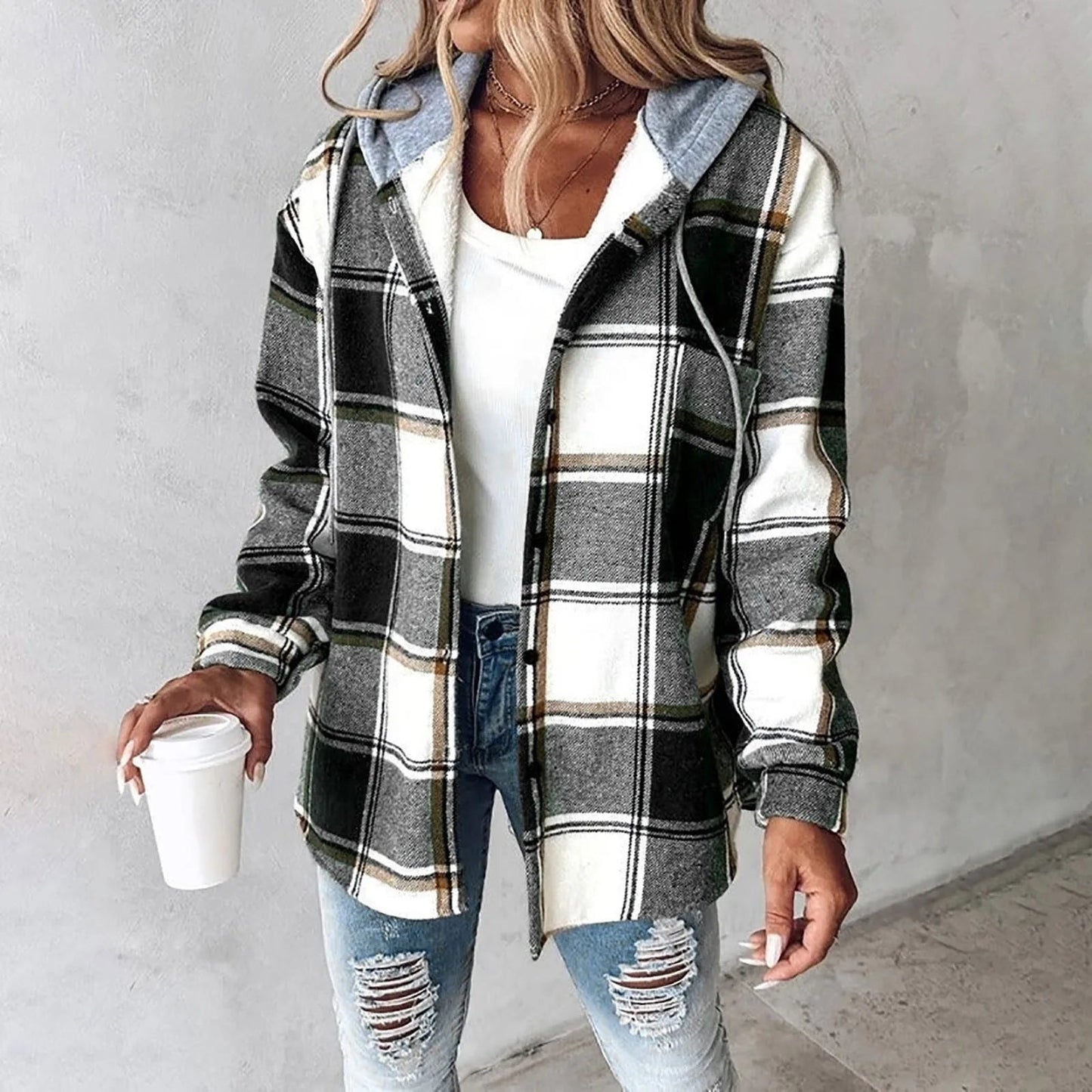 Effortless Plaid Flannel Jacket for Women with Hooded Button Front Sherpa Lined Casual Style