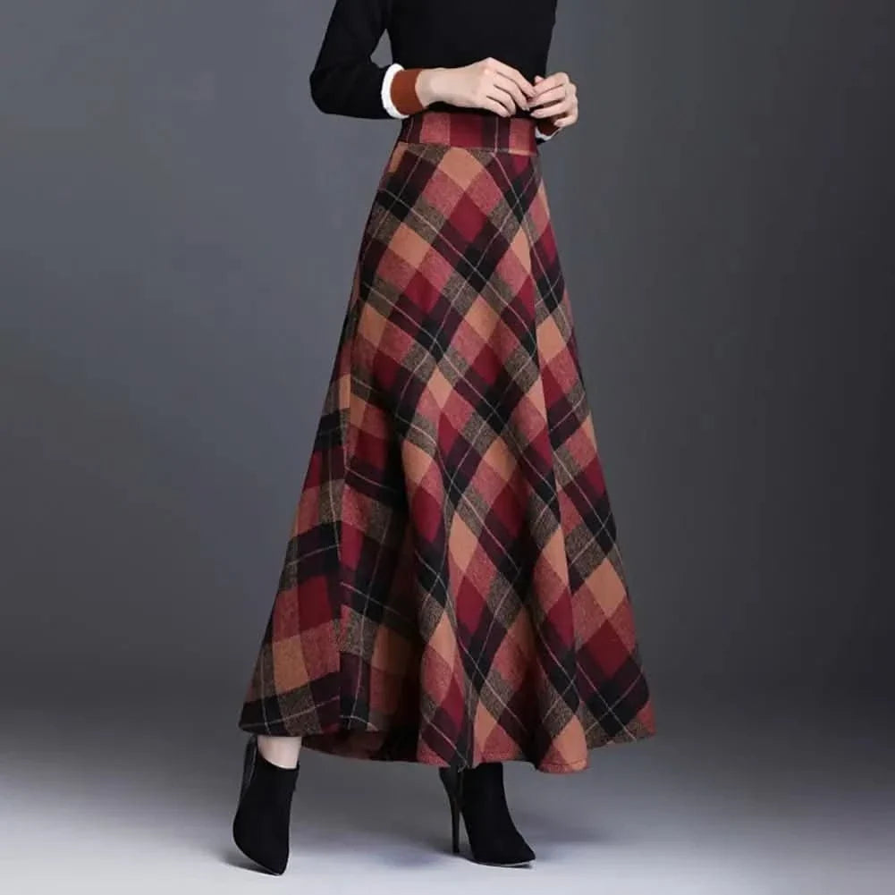 Elegant Plaid Maxi Skirt for Women with High Waist A Line Flared Flowing Style