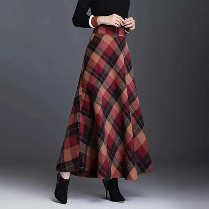 Elegant Plaid Maxi Skirt for Women with High Waist A Line Flared Flowing Style