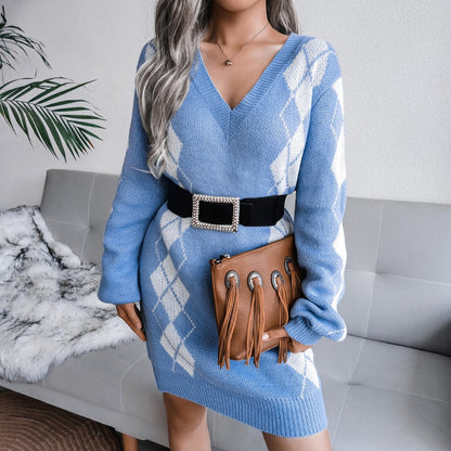 Cozy Argyle Knit Sweater Dress for Women with V Neck Long Sleeve Oversized Pullover Style