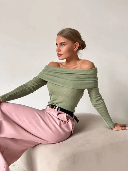 Effortless Ribbed Off The Shoulder Top for Women with Foldover Collar Long Sleeve Fitted Casual Style