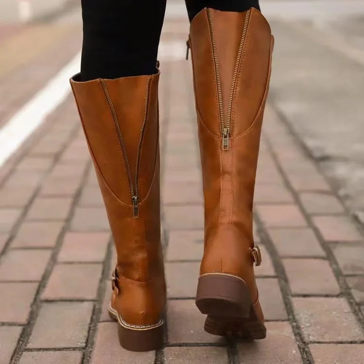 Stylish Brown Boots for Women with Round Toe Block Heel Buckle Strap Zip Up Style