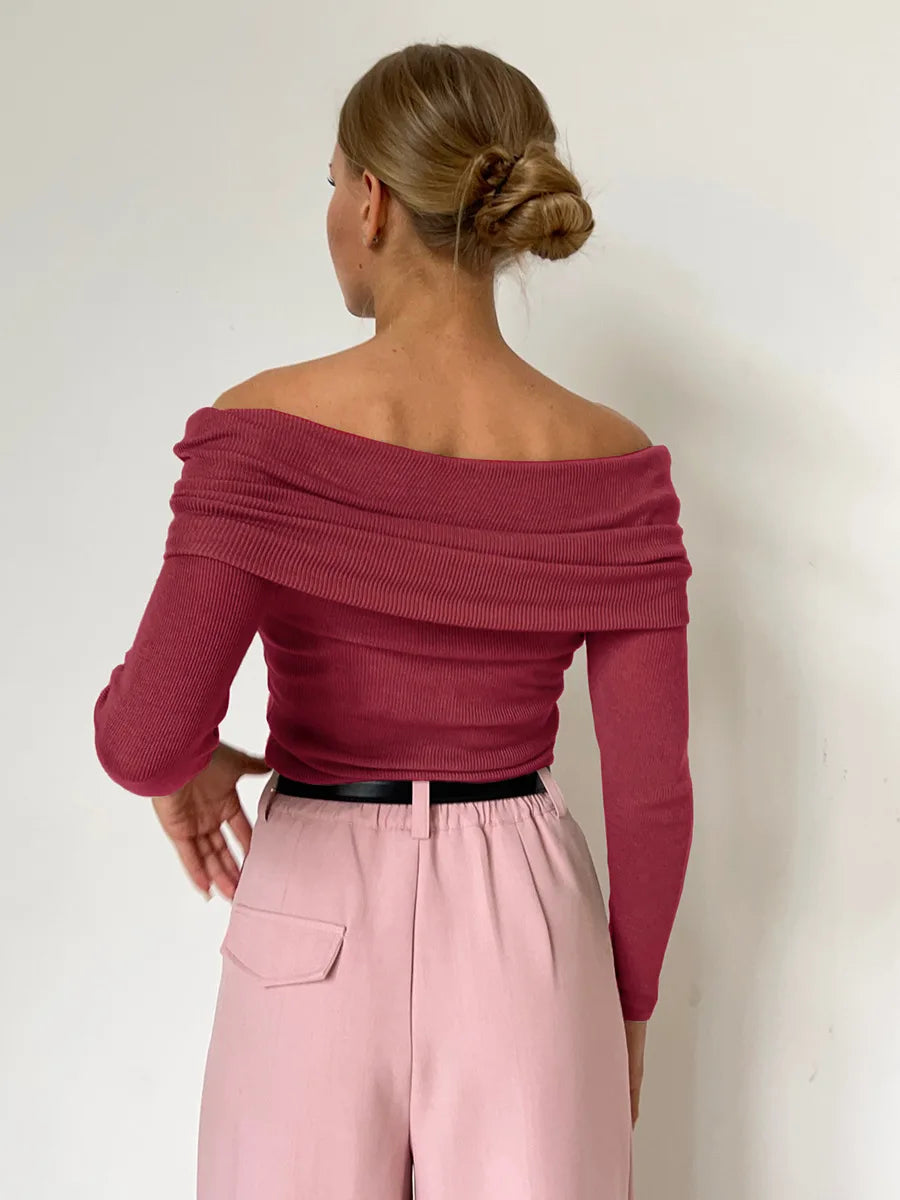 Effortless Ribbed Off The Shoulder Top for Women with Foldover Collar Long Sleeve Fitted Casual Style