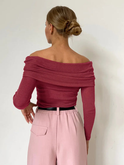 Effortless Ribbed Off The Shoulder Top for Women with Foldover Collar Long Sleeve Fitted Casual Style