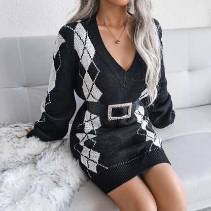 Cozy Argyle Knit Sweater Dress for Women with V Neck Long Sleeve Oversized Pullover Style