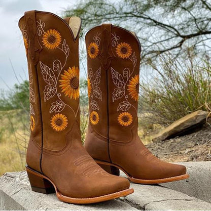 Effortless Brown Sunflower Embroidered Women's Boots with Snip Toe Block Heel Western Style