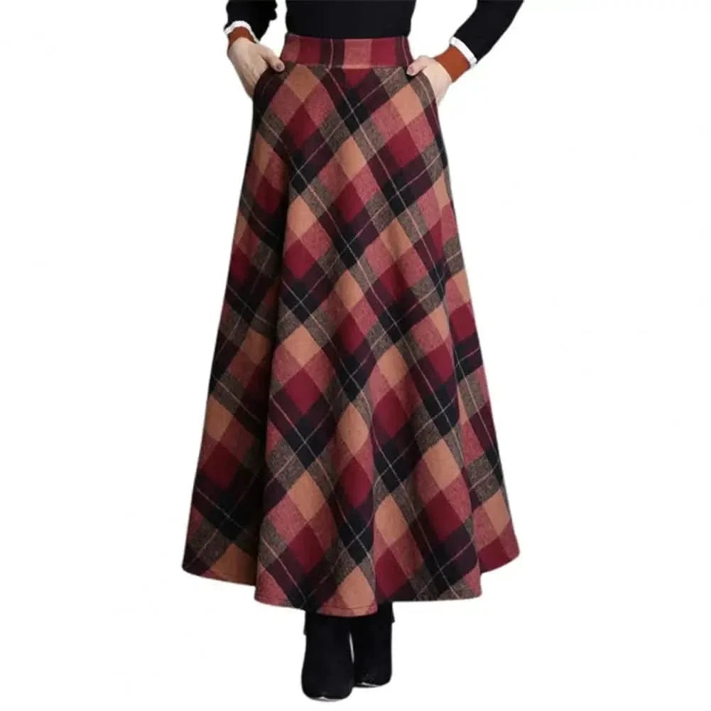 Elegant Plaid Maxi Skirt for Women with High Waist A Line Flared Flowing Style