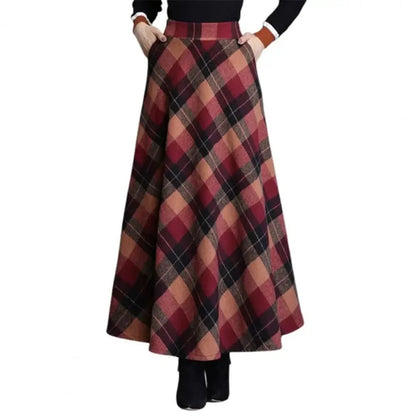 Elegant Plaid Maxi Skirt for Women with High Waist A Line Flared Flowing Style
