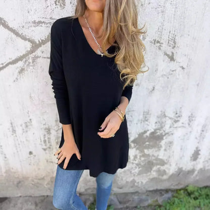 Effortless Ribbed Knit Tunic for Women with V Neck Long Sleeve Relaxed Oversized Style
