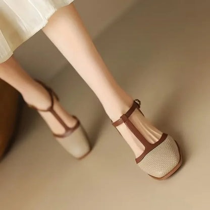 Elegant Flats for Women with T-Strap Block Heel Round Toe Style