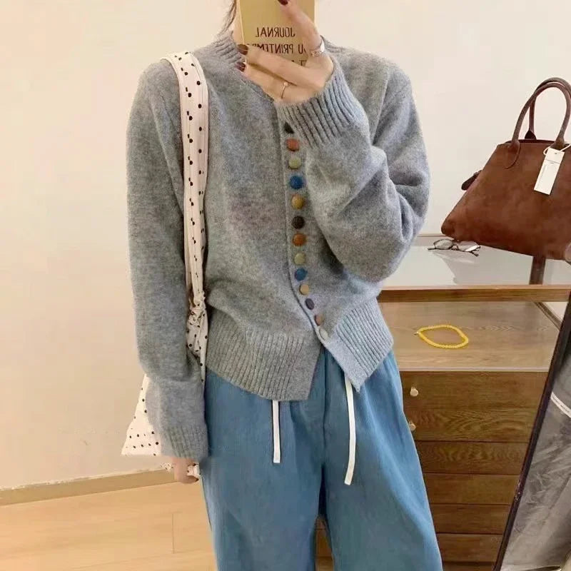 Cozy Knit Cardigan for Women with Crew Neck Long Sleeve Button Front Curved Hem Style