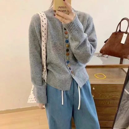 Cozy Knit Cardigan for Women with Crew Neck Long Sleeve Button Front Curved Hem Style
