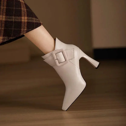 Elegant Leather Women Boots with Buckle Pointed Toe High Heel Ankle Style