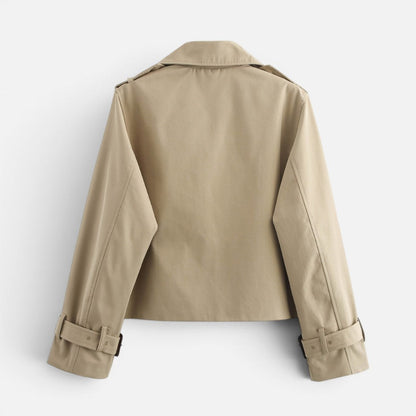 Elegant Cropped Trench Jacket for Women with Notch Lapel Long Sleeve Double Breasted Belted Cuff Style