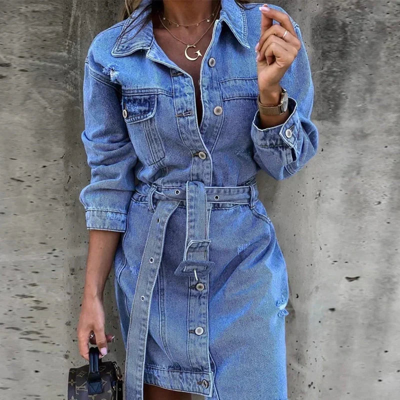 Effortless Blue Denim Dress for Women with Collar Long Sleeve Belted Distressed Casual Style