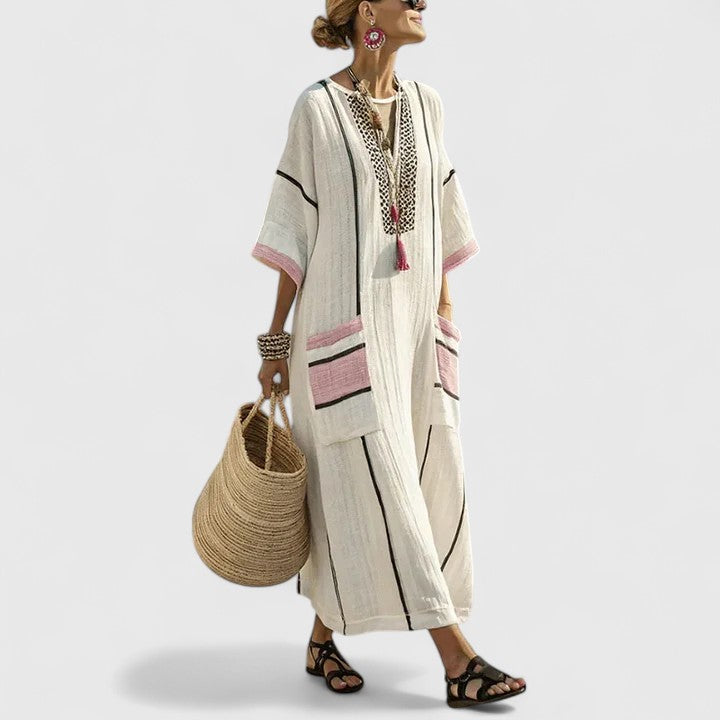 Effortless Boho Maxi Dress for Women with V Neck Batwing Sleeve Linen Kaftan Relaxed Style