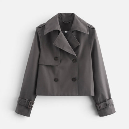 Elegant Cropped Trench Jacket for Women with Notch Lapel Long Sleeve Double Breasted Belted Cuff Style