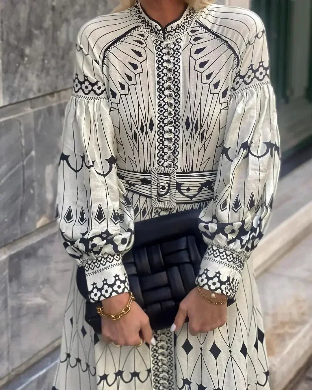 Elegant Beige Printed A Line Dress for Women with Stand Collar Long Sleeve Belted Midi Casual Style