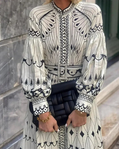 Elegant Beige Printed A Line Dress for Women with Stand Collar Long Sleeve Belted Midi Casual Style