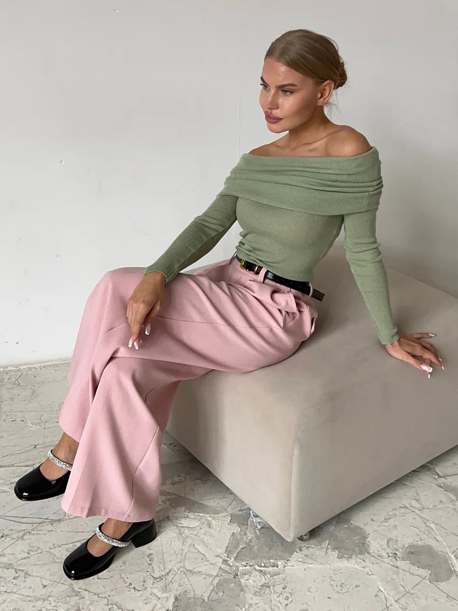 Effortless Ribbed Off The Shoulder Top for Women with Foldover Collar Long Sleeve Fitted Casual Style