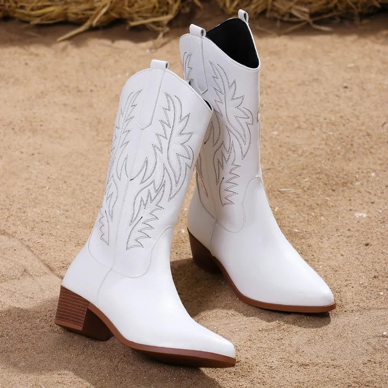 Stylish White Boots for Women with Western Embroidered Block Heel Style