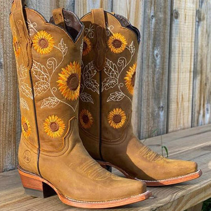 Effortless Brown Sunflower Embroidered Women's Boots with Snip Toe Block Heel Western Style