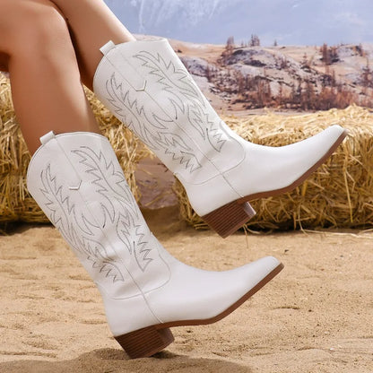 Stylish White Boots for Women with Western Embroidered Block Heel Style