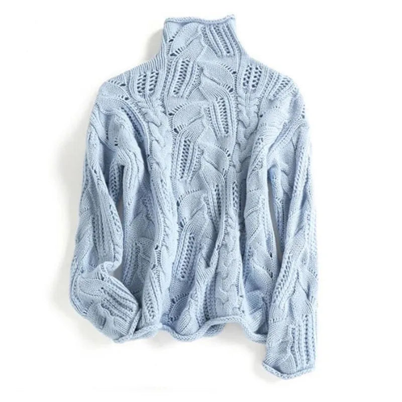 Comfortable Cable Knit Sweater for Women with High Neck Long Sleeve Relaxed Oversized Style