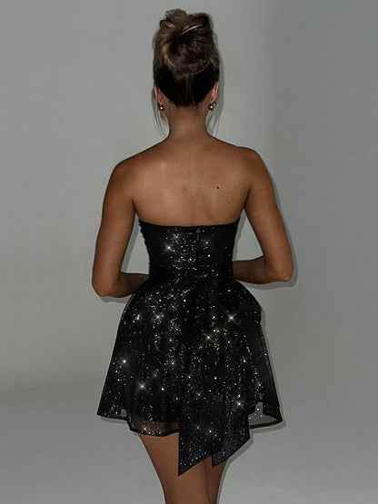 Elegant Glitter Gold Dress for Women with Strapless Ruched Bodice Bow Back Fit Flare Style