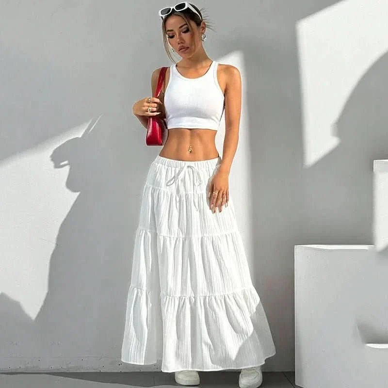 Effortless Tiered Maxi Skirt for Women with Elastic Drawstring Waist Ruffle Hem Bohemian Style