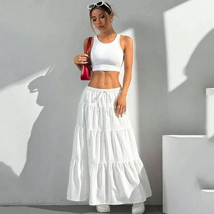 Effortless Tiered Maxi Skirt for Women with Elastic Drawstring Waist Ruffle Hem Bohemian Style