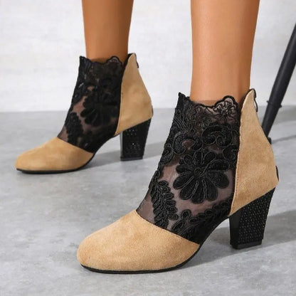 Chic Lace Mesh Women Boots for Women with Pointed Toe Chunky Block Heel Ankle Style