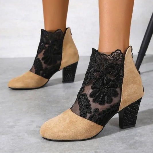 Chic Lace Mesh Women Boots for Women with Pointed Toe Chunky Block Heel Ankle Style
