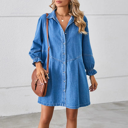Effortless Denim Dress for Women with Collar Long Sleeve Button Front Mini Ruffle Cuff Casual Style
