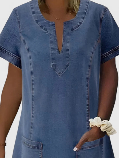 Effortless Blue Denim Dress for Women with Notch Neck Short Sleeve Patch Pocket Casual Style