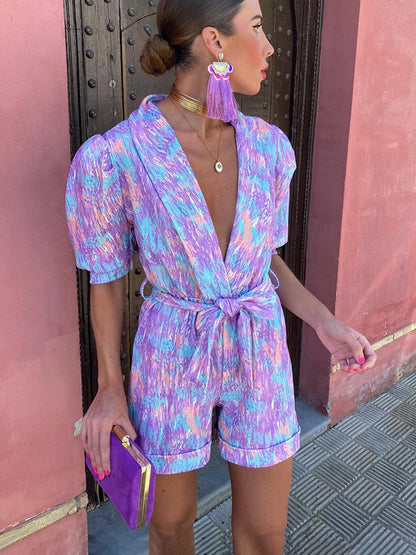 Effortless Abstract Print Jumpsuit for Women with Plunge V Neck Puff Sleeve Wrap Tie Waist Style