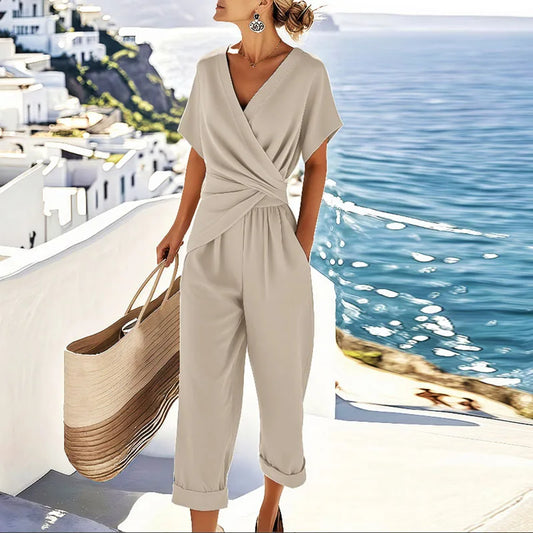 Effortless Wrap Jumpsuit for Women with V Neck Short Sleeve Tie Waist Wide Leg Flowing Style