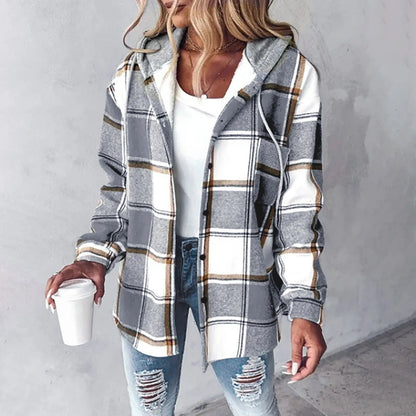 Effortless Plaid Flannel Shacket for Women with Hooded Long Sleeve Button Front Chest Pocket Oversized Style