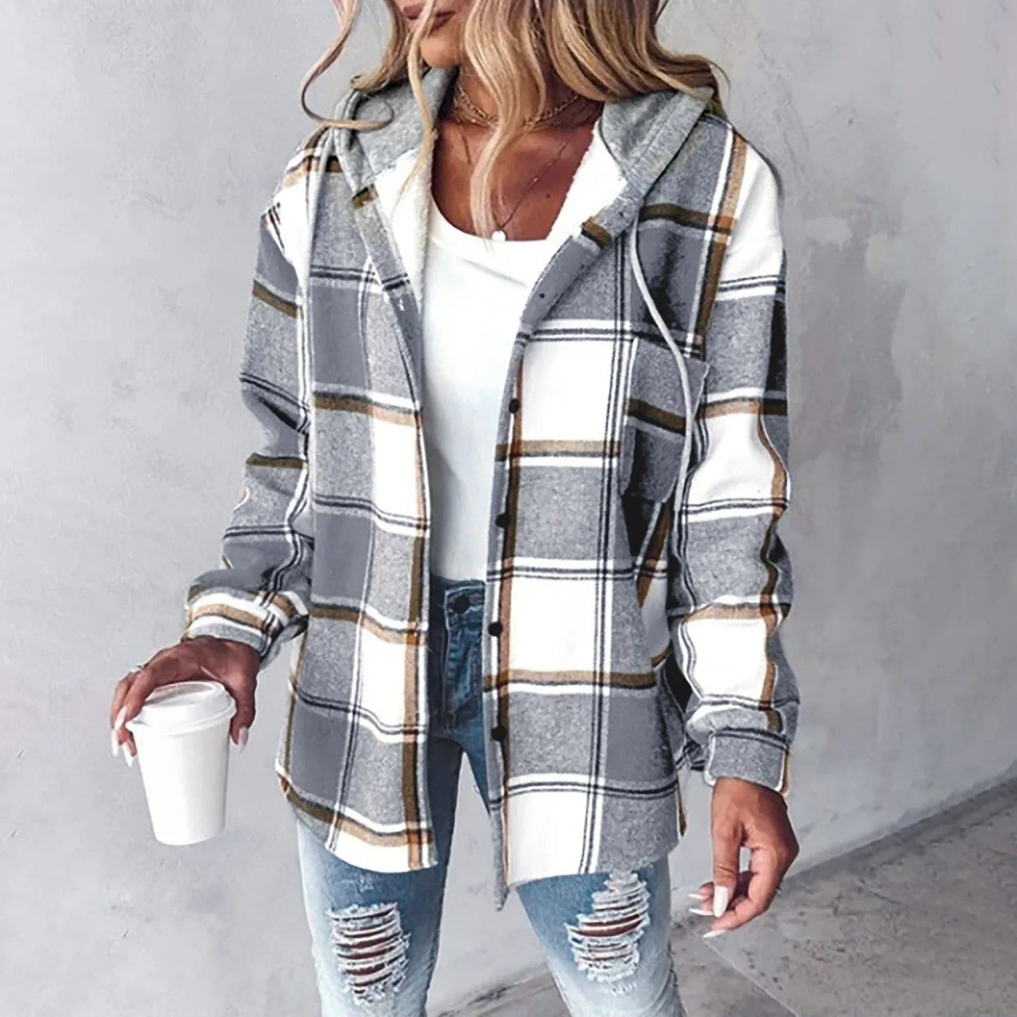 Effortless Plaid Flannel Jacket for Women with Hooded Button Front Sherpa Lined Casual Style