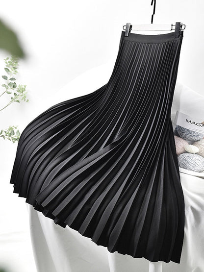 Elegant Pleated Maxi Skirt for Women with High Waist Satin Flowing A Line Style