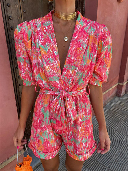 Effortless Abstract Print Jumpsuit for Women with Plunge V Neck Puff Sleeve Wrap Tie Waist Style