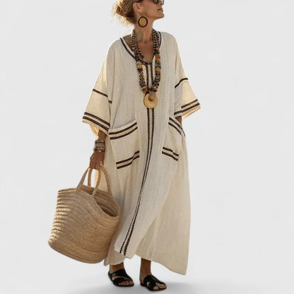 Effortless Boho Maxi Dress for Women with V Neck Batwing Sleeve Linen Kaftan Relaxed Style