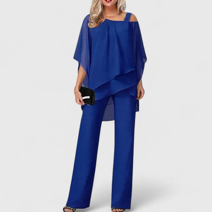 Elegant Two Piece Set for Women with Off Shoulder Cape Top Wide Leg Pants Formal Style