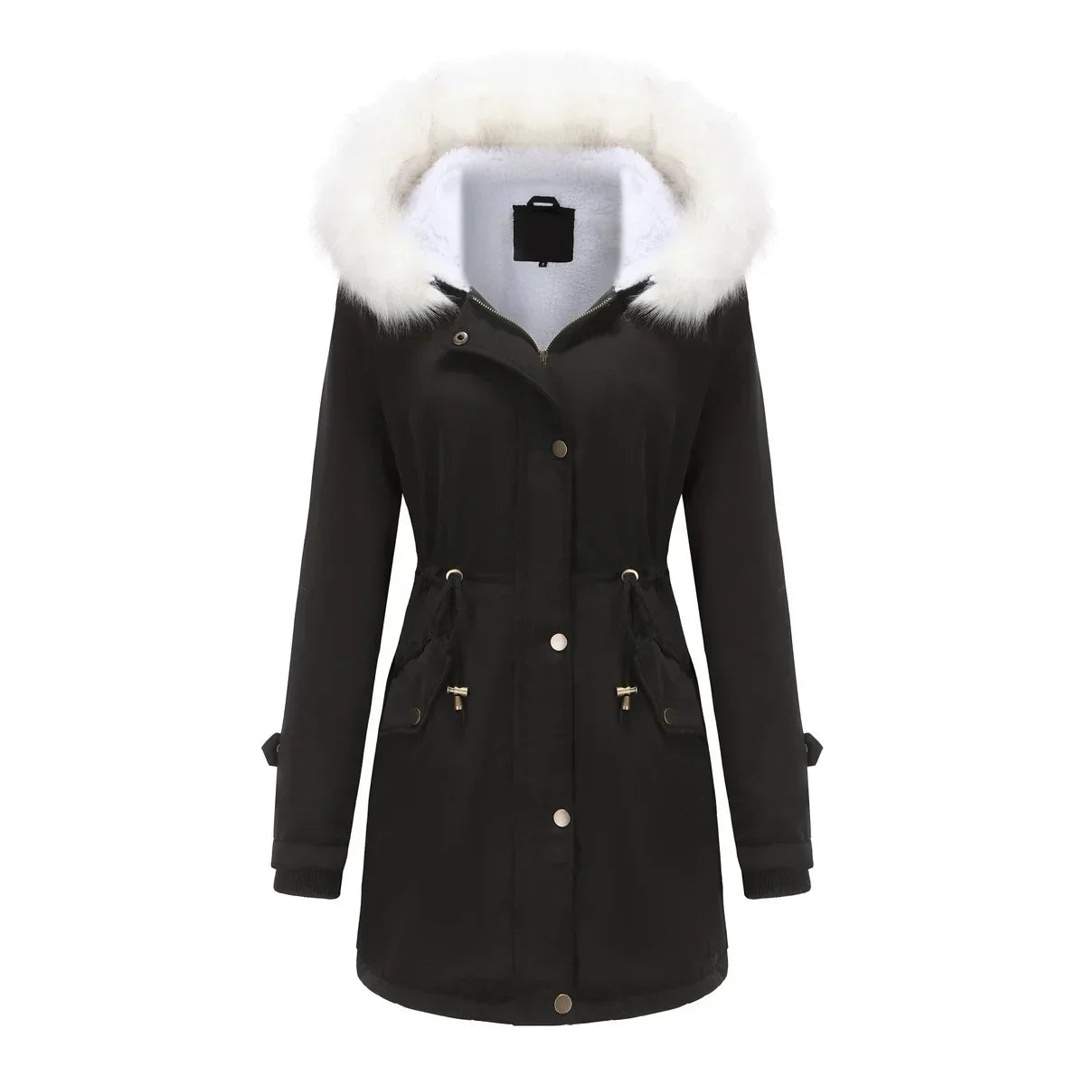 Cozy Faux Fur Trim Parka Jacket for Women with Hooded Long Sleeve Drawstring Waist Relaxed Style
