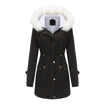 Cozy Faux Fur Trim Parka Jacket for Women with Hooded Long Sleeve Drawstring Waist Relaxed Style