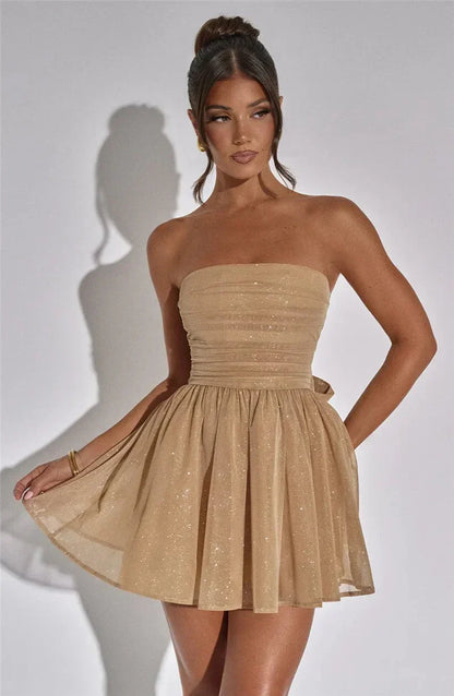 Elegant Glitter Gold Dress for Women with Strapless Ruched Bodice Bow Back Fit Flare Style