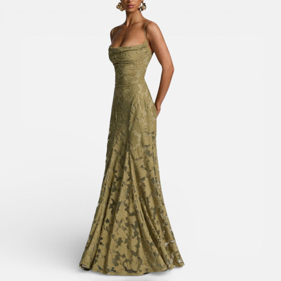 Elegant Lace Maxi Cocktail Dress for Women with Square Neck Spaghetti Strap Ruched Flowing Style