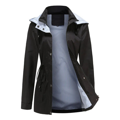 Effortless Rain Jacket for Women with Hooded Collar Long Sleeve Drawstring Waist Relaxed Style