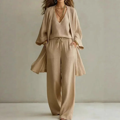 Effortless Linen Cardigan Set for Women with V Neck Sleeveless Open Front Wide Leg Three Piece Style